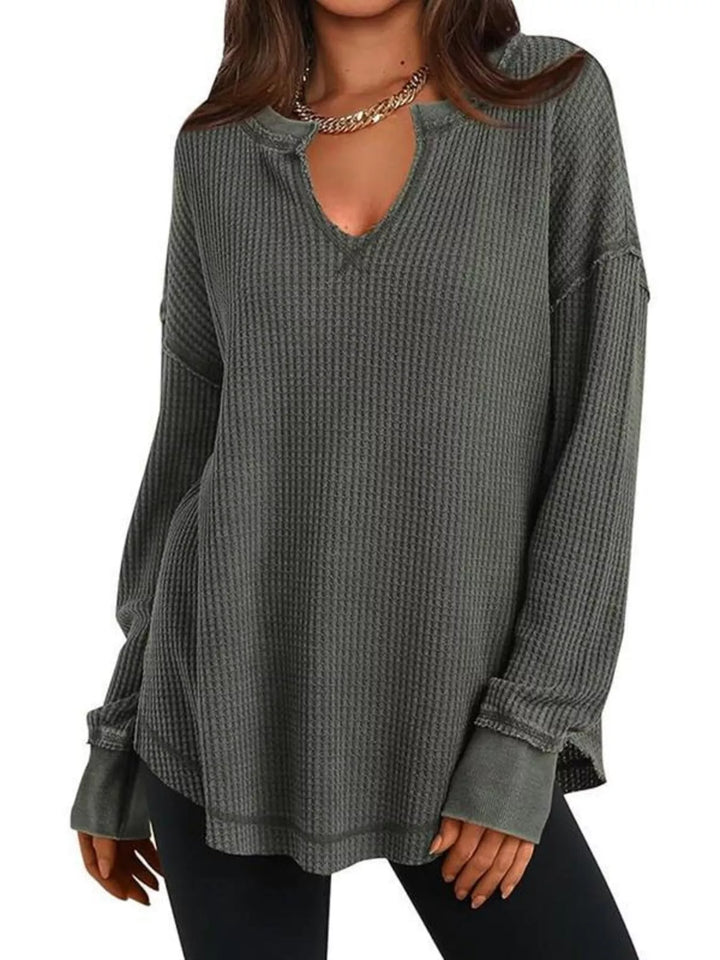 Gray Green Waffle knit notched neck long sleeve tunic top