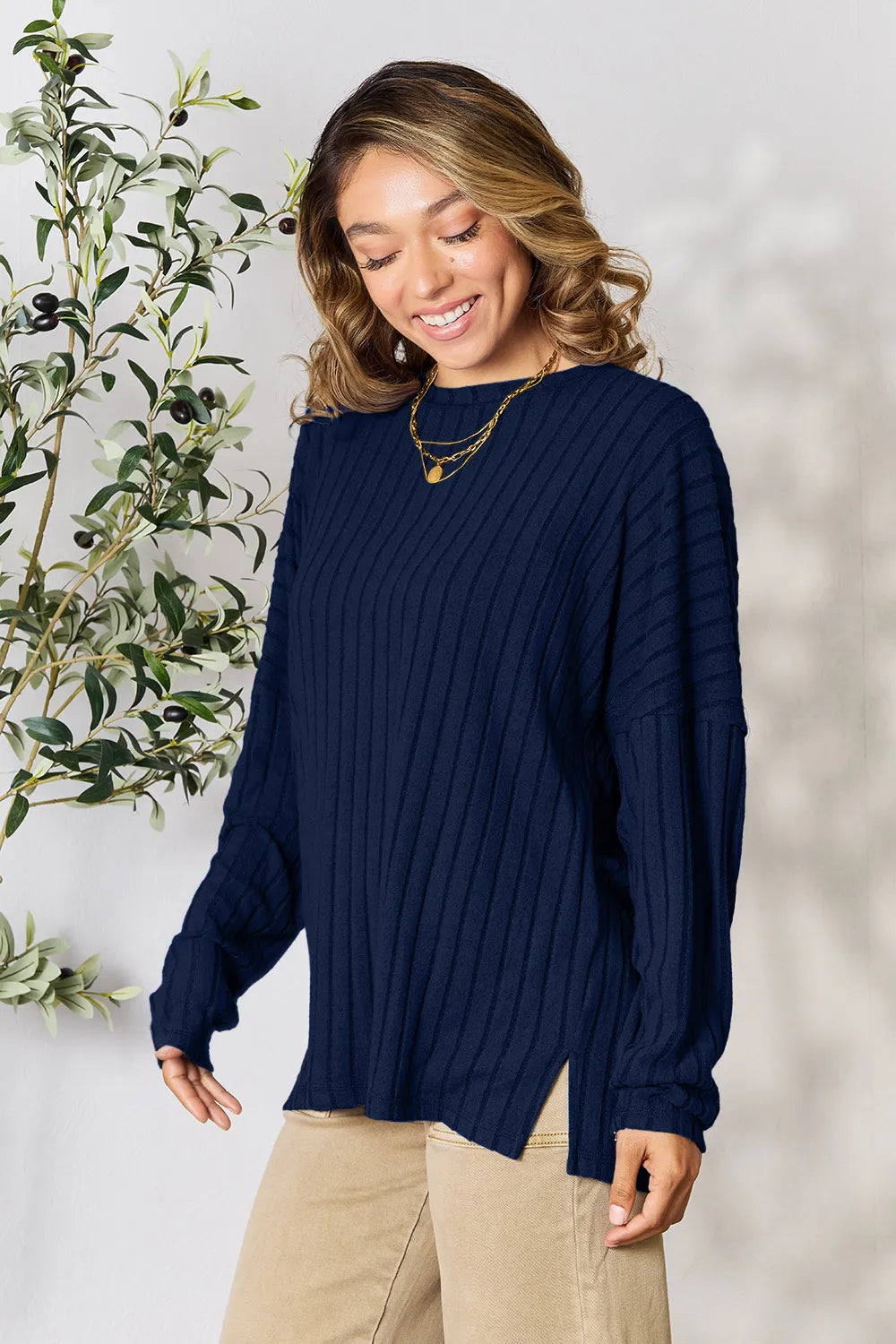 Ribbed knit round neck tunic top with side slits