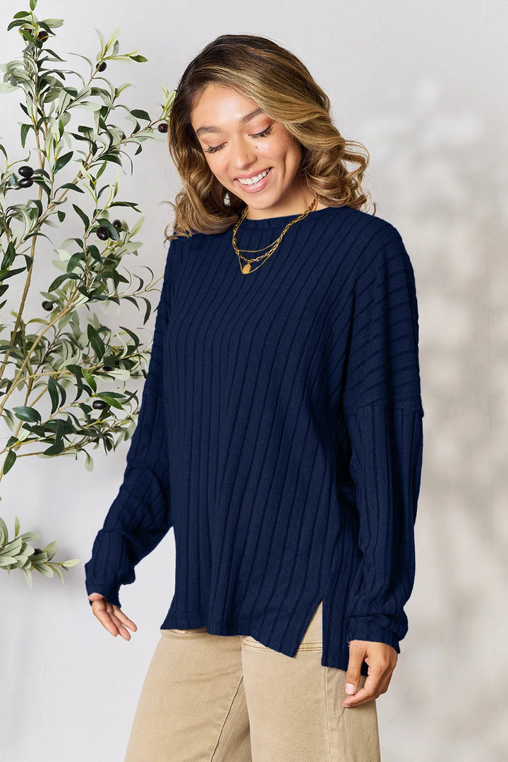 Ribbed knit round neck tunic top with side slits