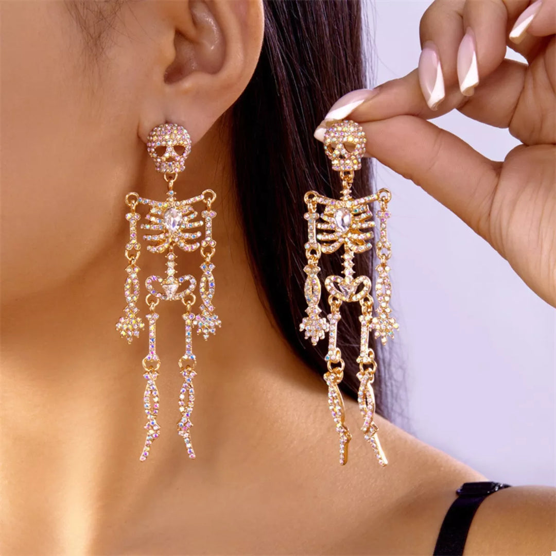 Gold Articulated rhinestone skeleton drop earrings