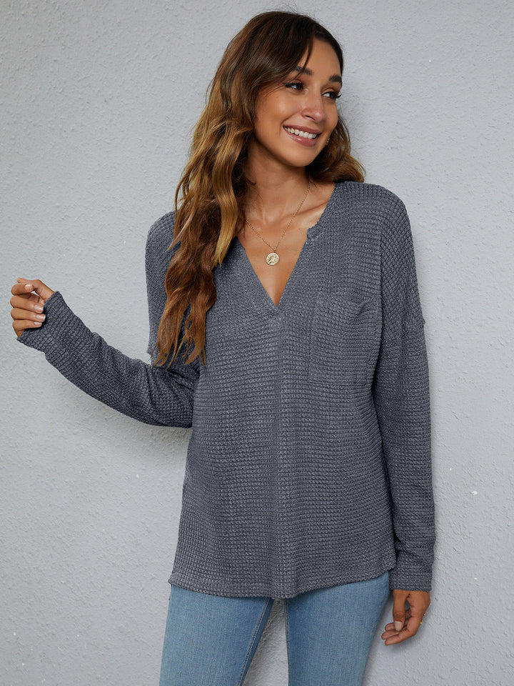 Dropped-shoulder waffle-knit V-neck top with high-low hem