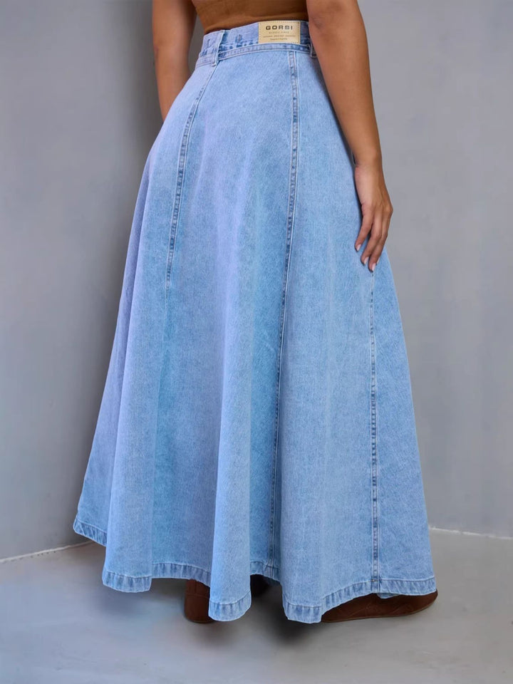 High-waisted belted A-line maxi denim skirt
