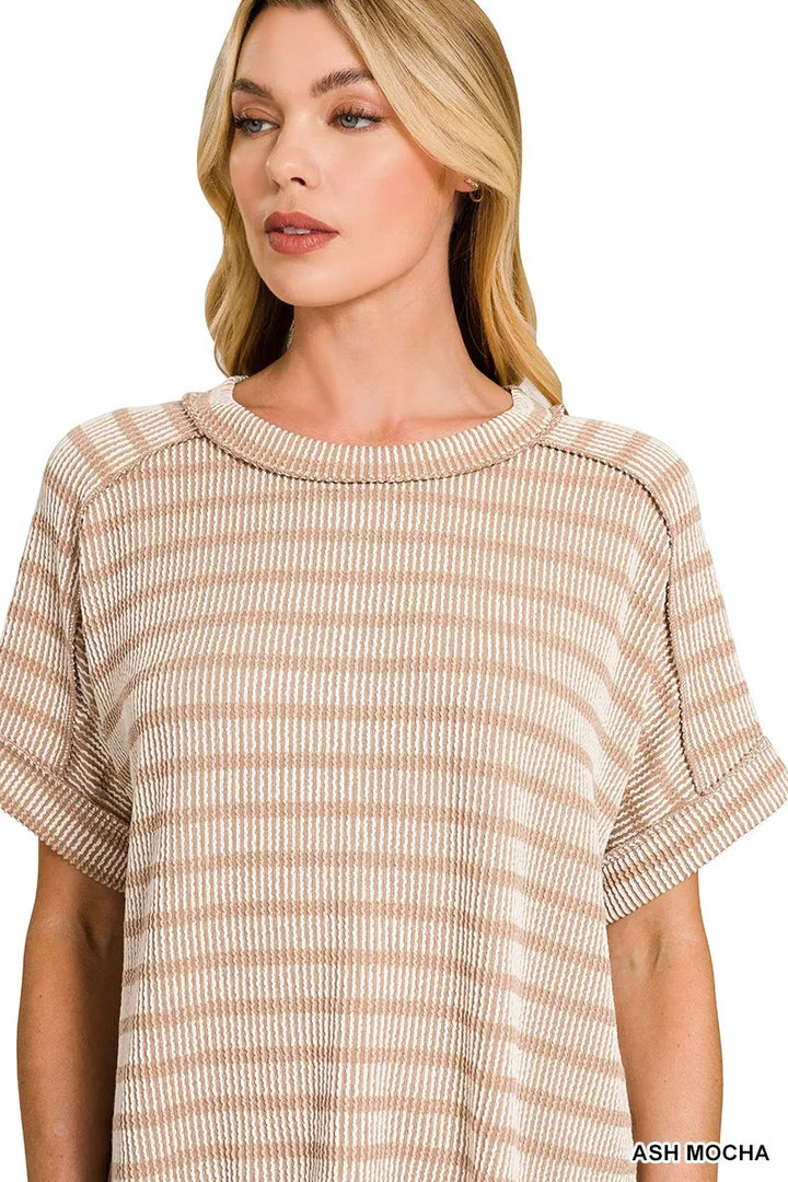 Ribbed striped short sleeve top with exposed seams