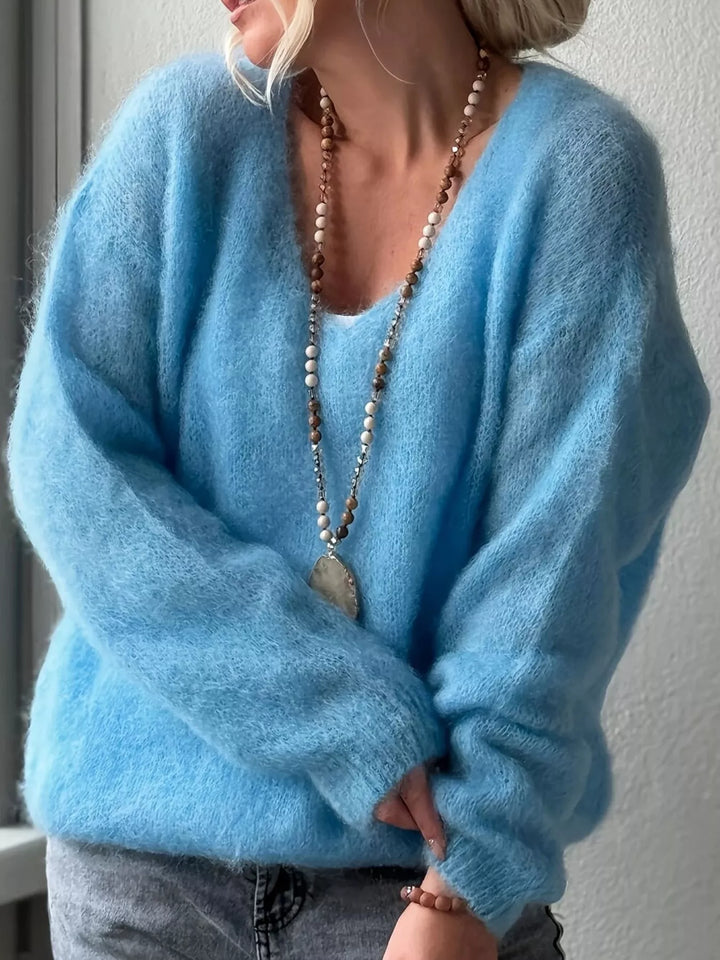 Dusty Blue Fluffy brushed knit V-neck sweater with long sleeves