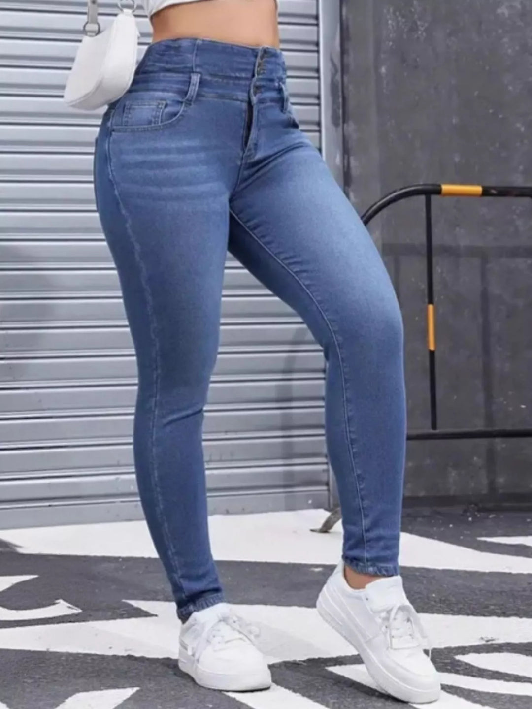 Blue High-rise fleece-lined skinny jeans with stacked button waist