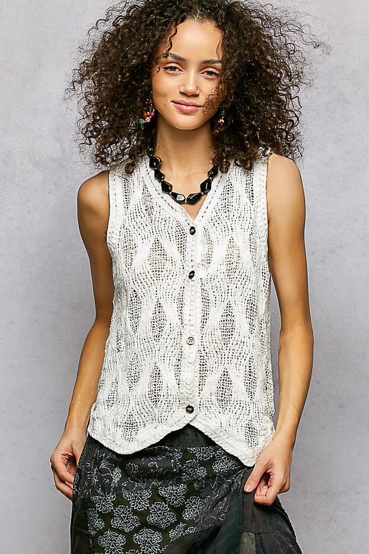 V-neck open-weave crochet button-front vest