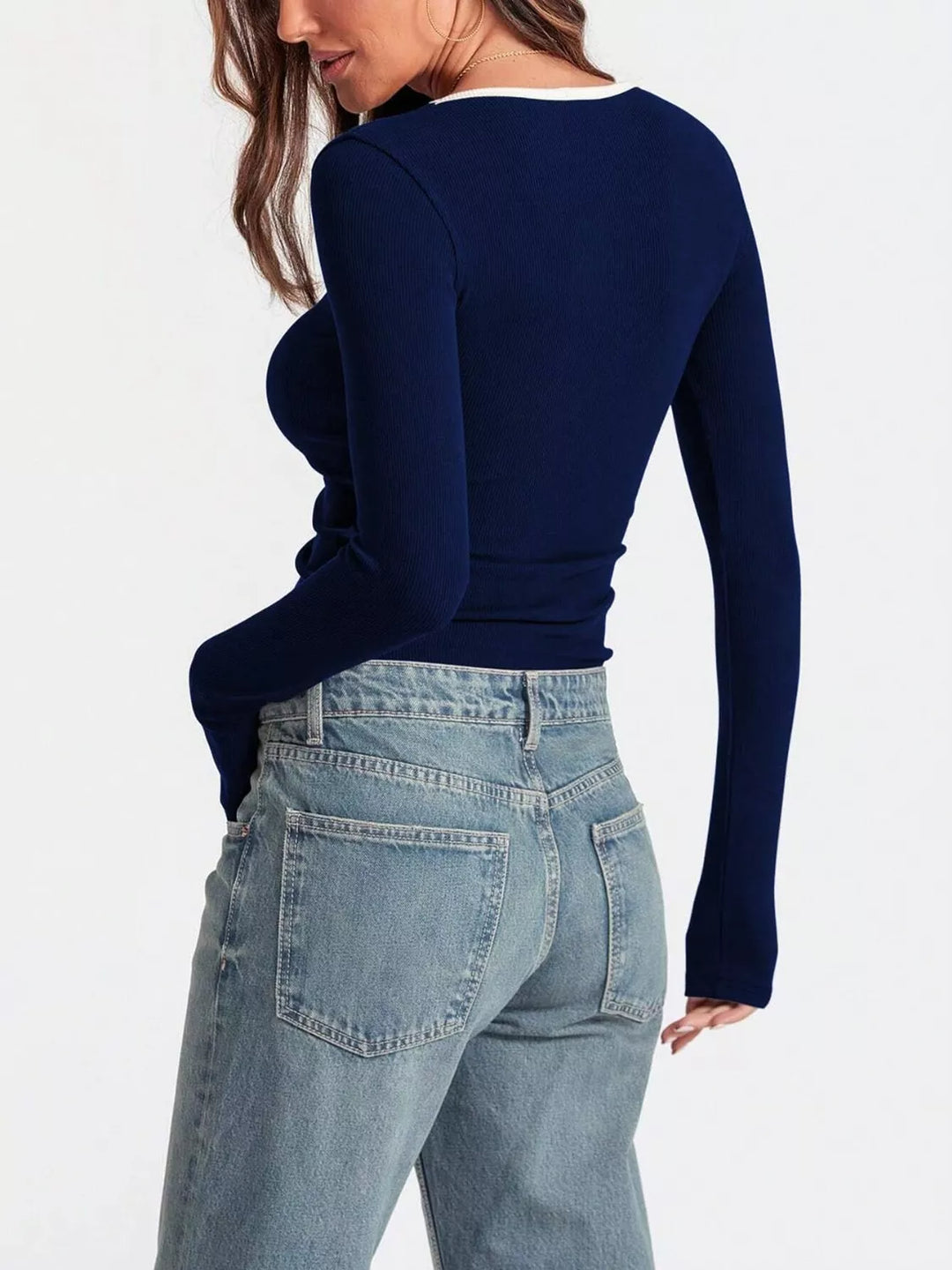 Ribbed contrast-trim square neck long sleeve top