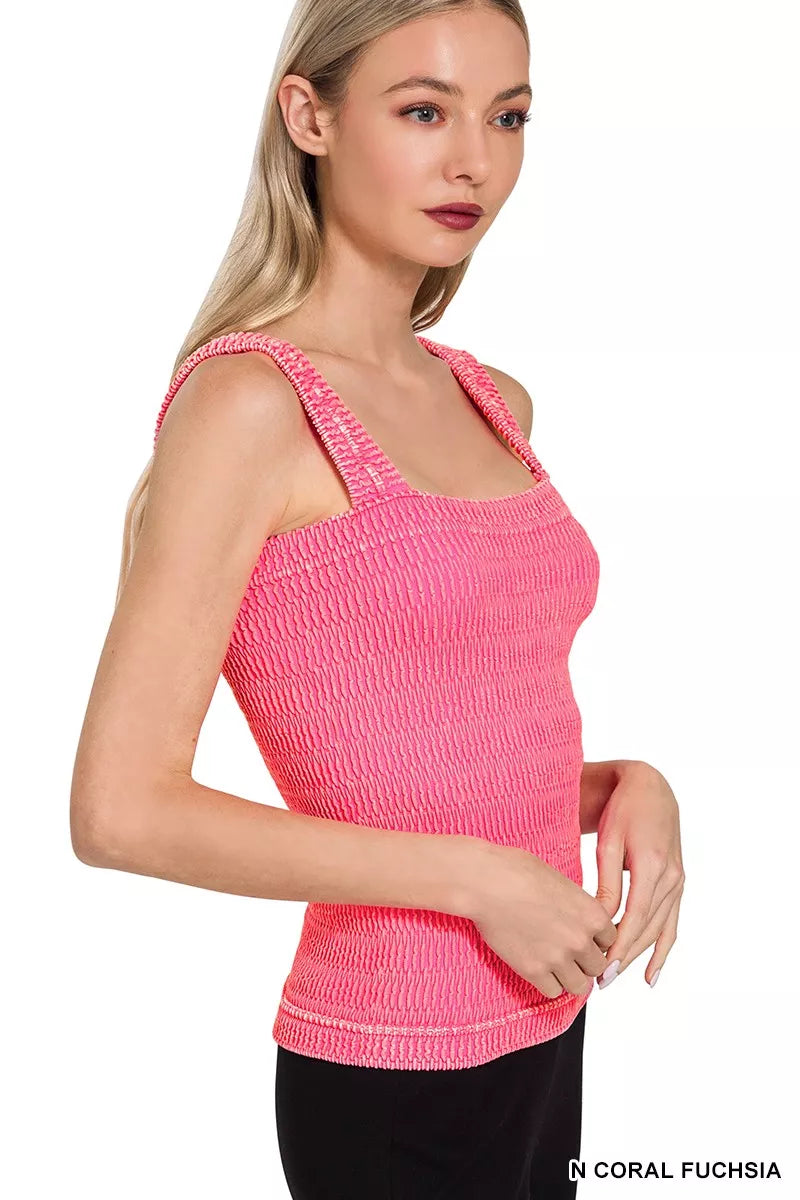 Textured crinkle square-neck tank top with wide straps