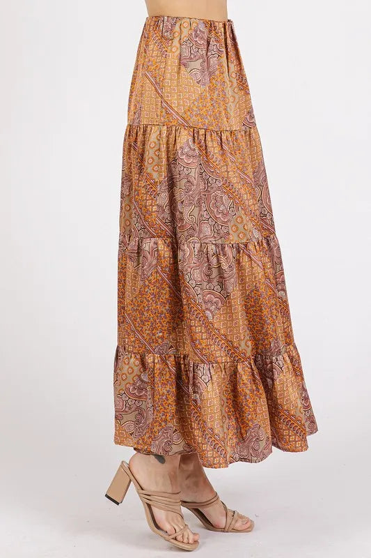 Paisley patchwork tiered satin maxi skirt