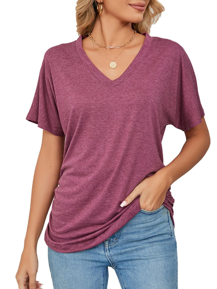 Burgundy Relaxed V-neck short sleeve tee with drop shoulders