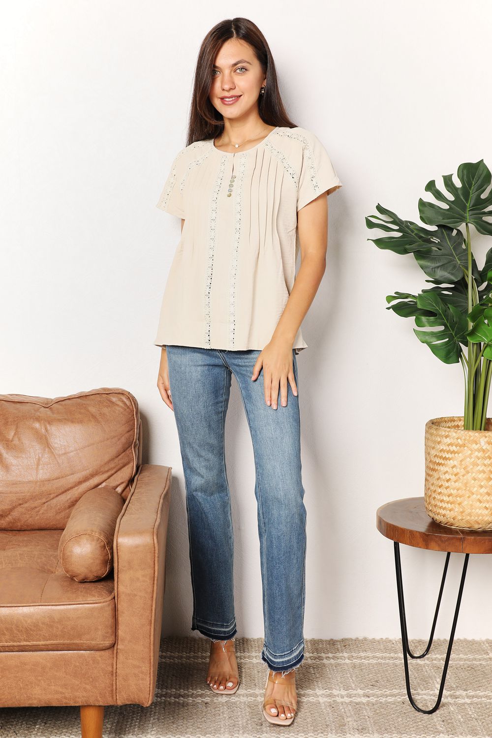 Crochet trim pintuck short sleeve top with button placket
