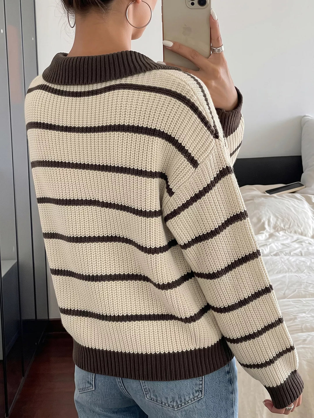 Striped waffle knit polo sweater with contrast collar