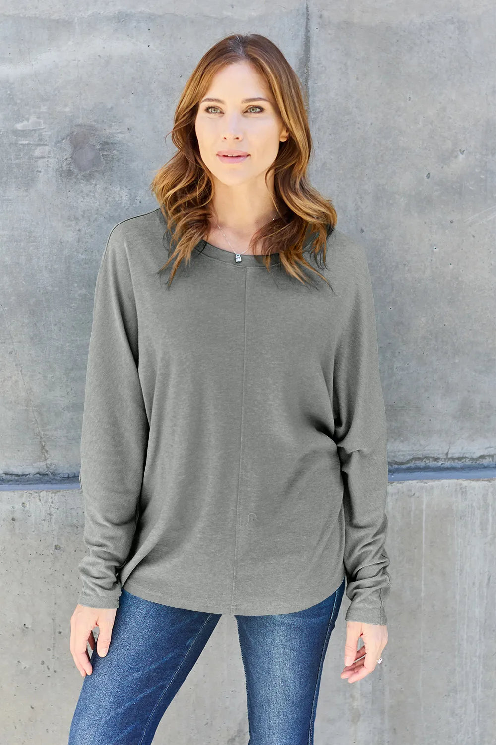 Relaxed drop-shoulder round neck long sleeve top