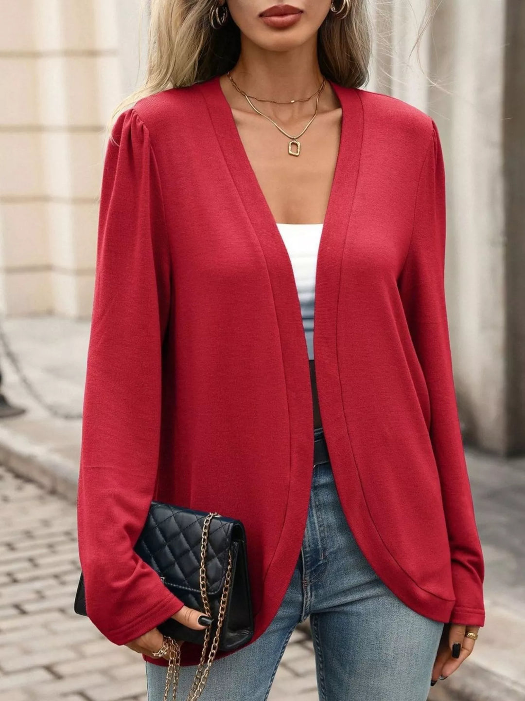 Red Open front collarless cardigan blazer with curved hem