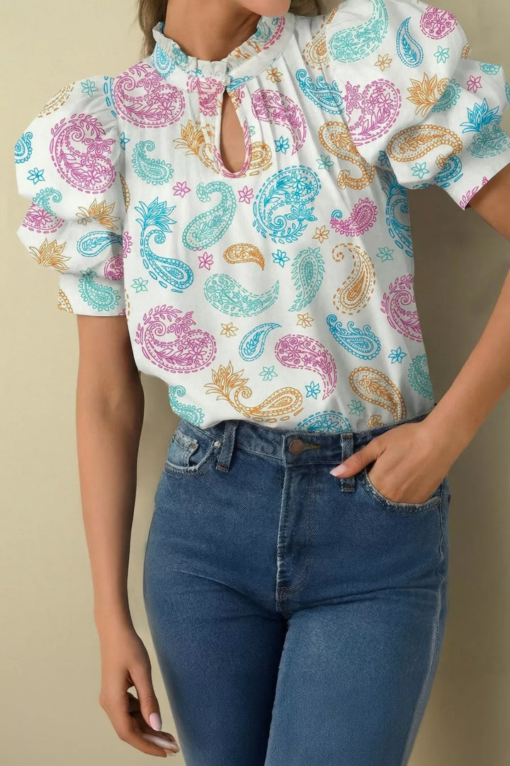 Floral Paisley print keyhole blouse with ruffle neck and puff sleeves
