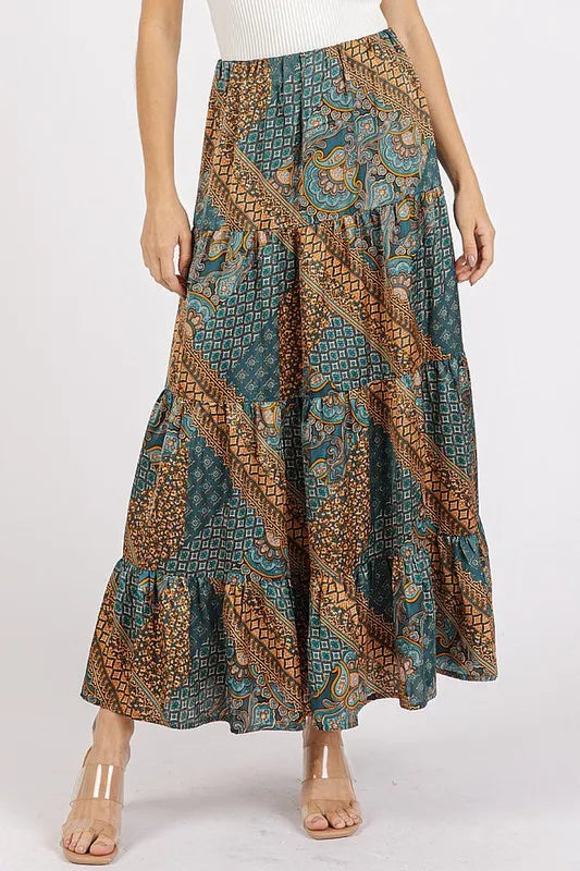 Teal Green Paisley patchwork tiered satin maxi skirt