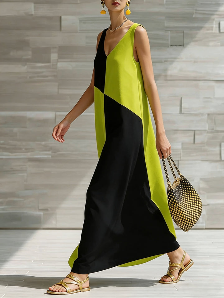 Color block sleeveless V-neck maxi dress