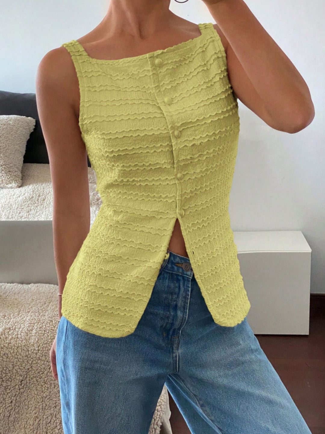 Yellow Textured button-front tank with square neck and split hem