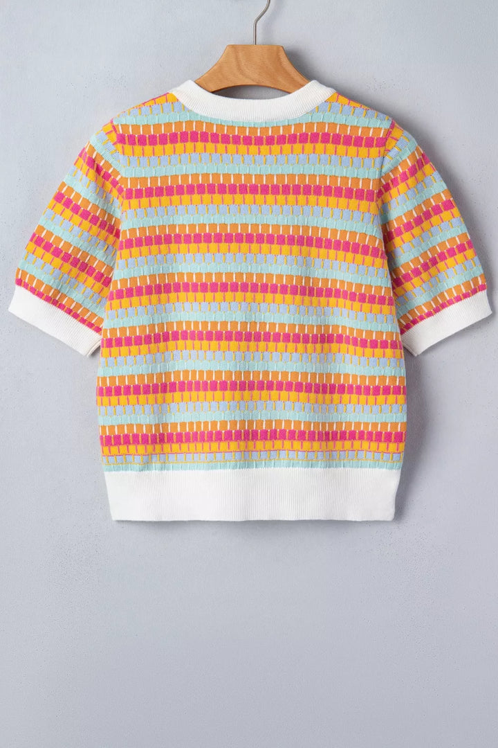 Abstract stripe ribbed knit short sleeve sweater