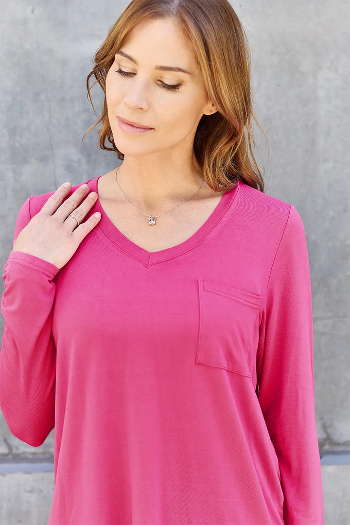 V-neck long sleeve top with chest pocket
