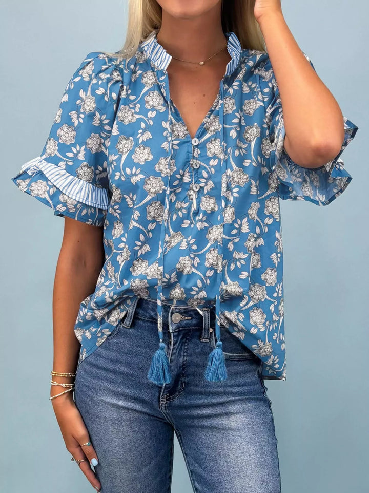 Floral print blouse with ruffle sleeves and split neck tie