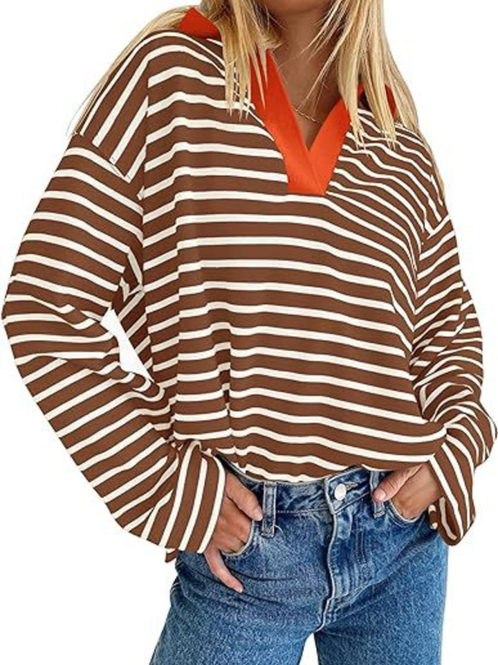 Striped oversized long sleeve top with contrast collar