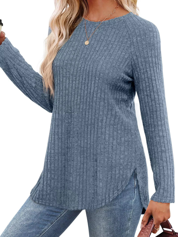 Ribbed knit crew neck long sleeve top with curved hem