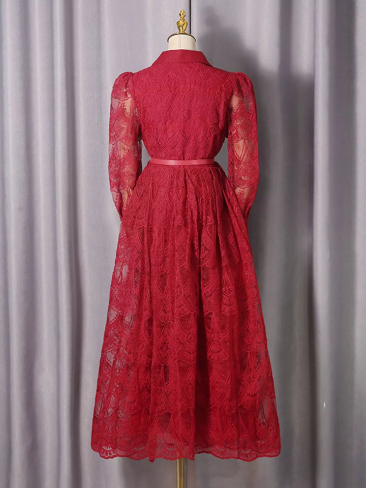 Belted lace button-front midi dress with notched collar