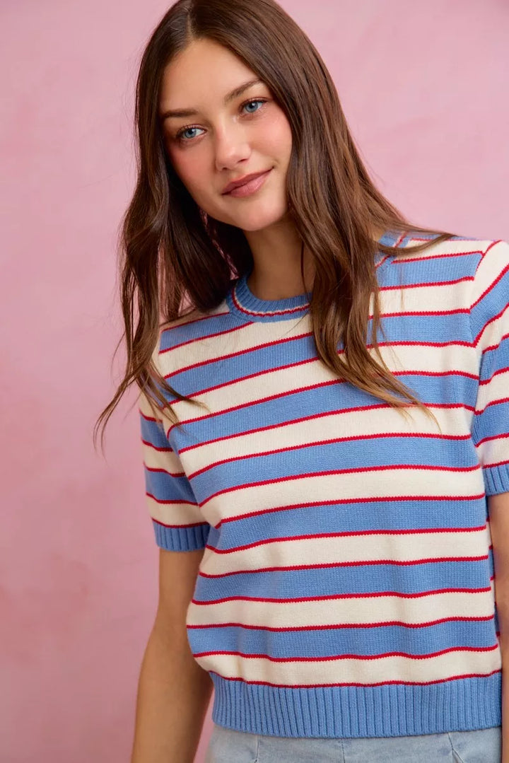 Striped ribbed knit short sleeve crew neck sweater top