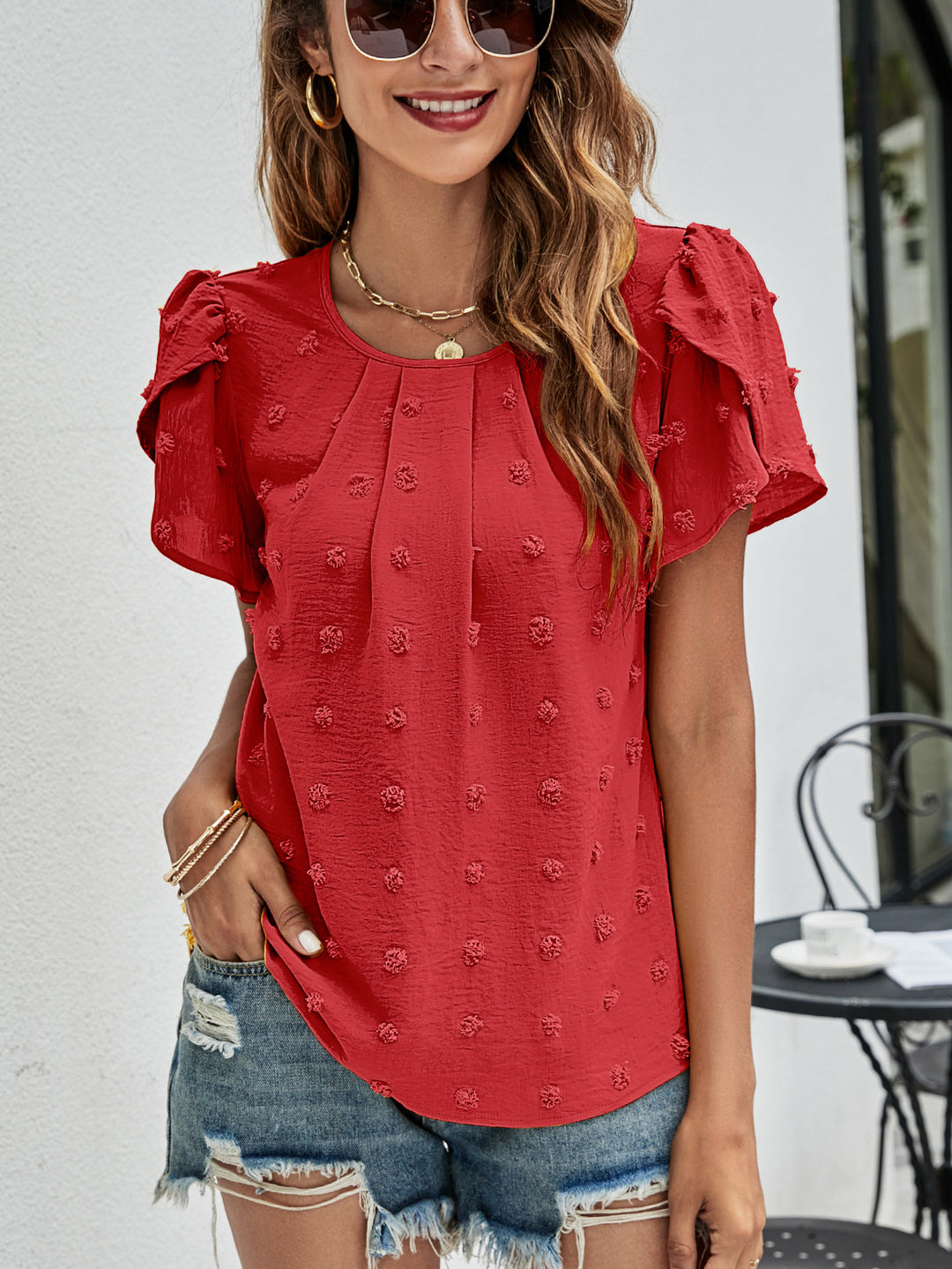 Red Swiss dot petal sleeve top with pleated round neck