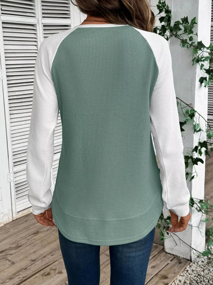 Waffle knit long sleeve raglan tunic top