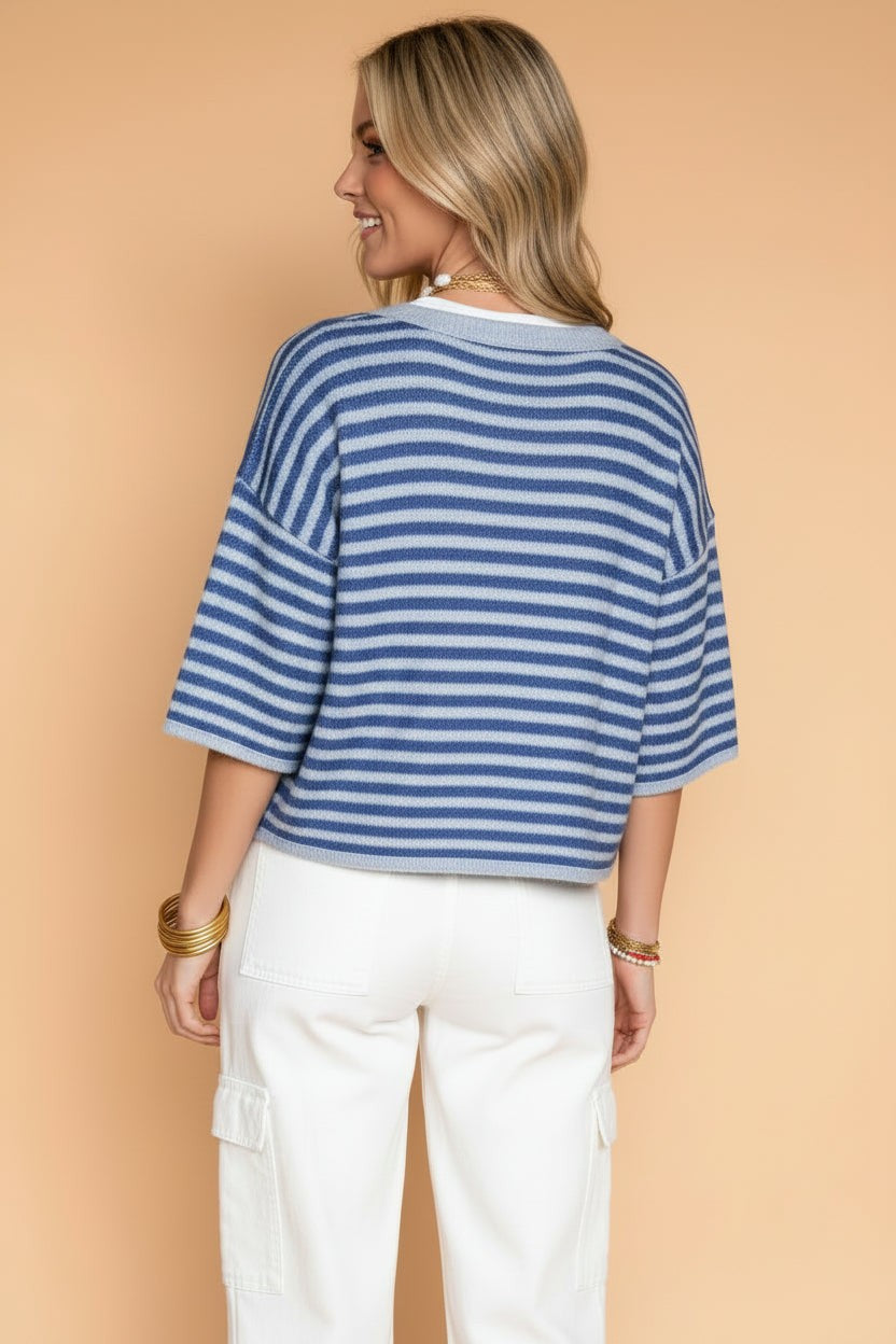 Striped 3/4 sleeve button-down knit cardigan