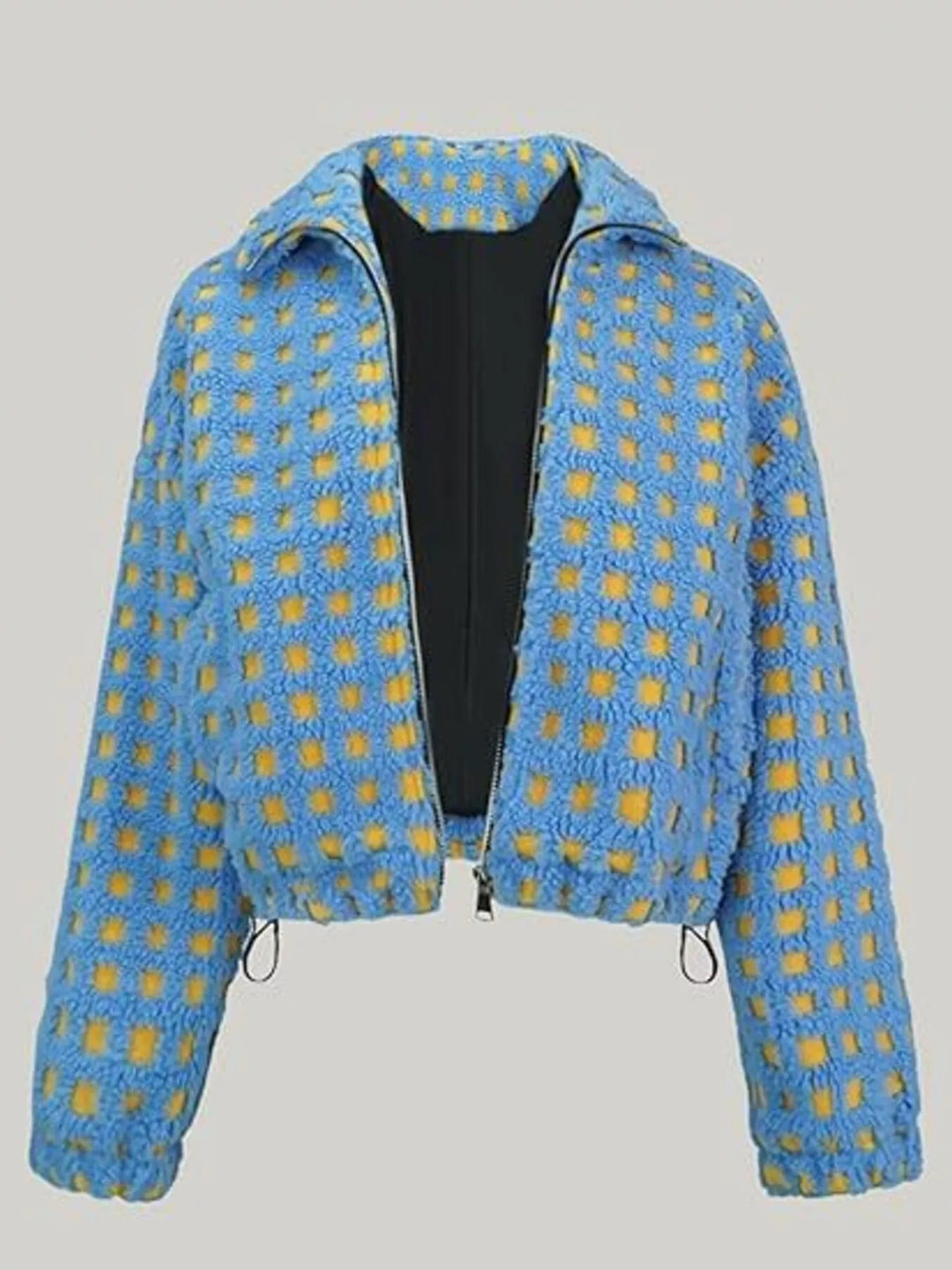 Plaid sherpa zip-up jacket with stand collar and drawstring hem