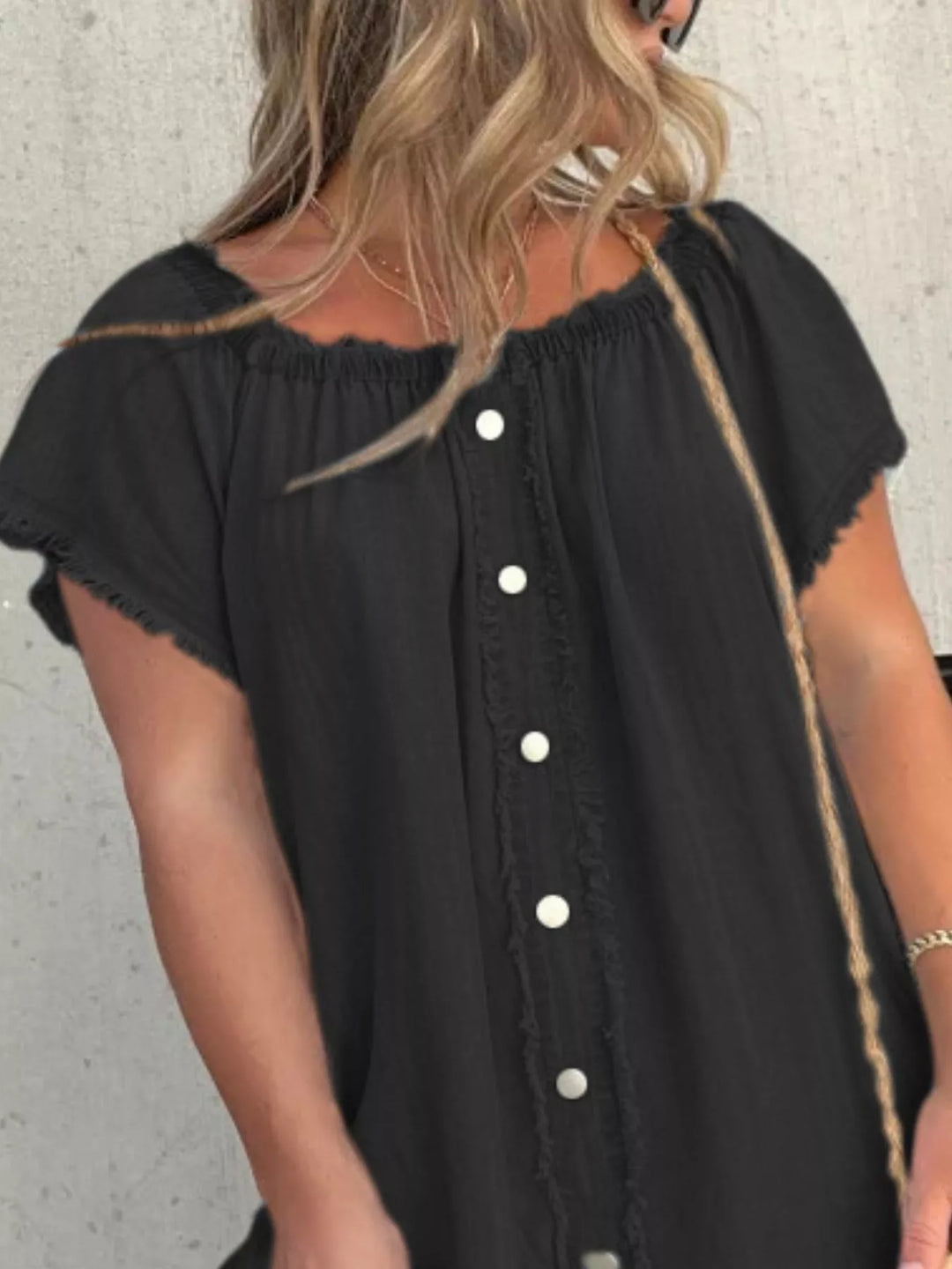 Frayed off-shoulder button-down denim mini dress