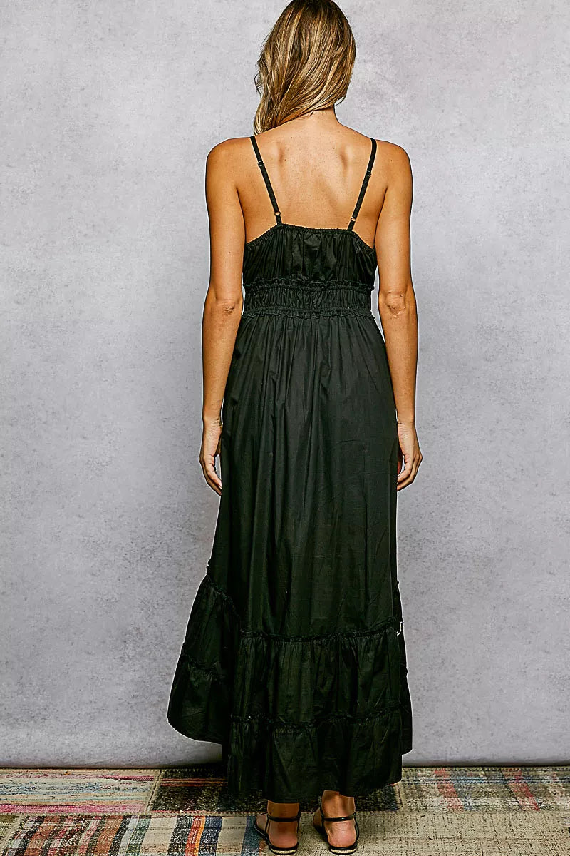Embroidered tiered midi cami dress with tassel tie