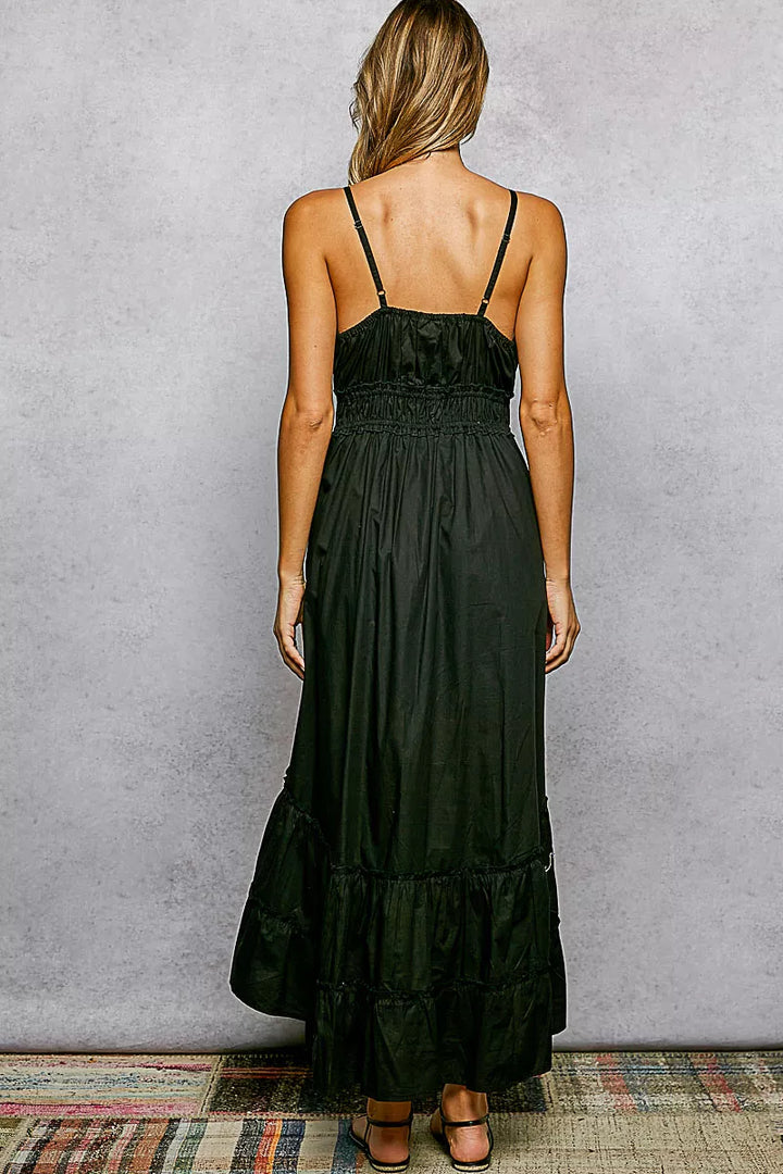 Embroidered tiered midi cami dress with tassel tie