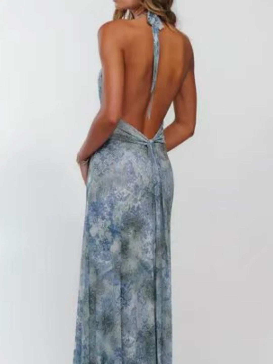 Backless floral halter deep V maxi dress with ruched waist