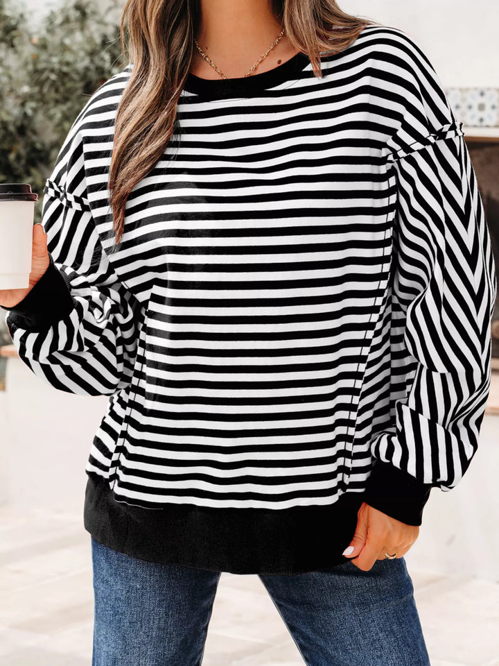 Black Exposed seam striped drop-shoulder pullover top