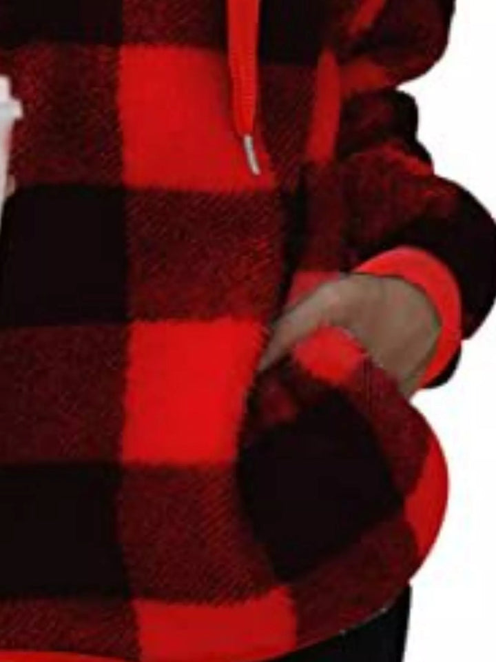 Plaid sherpa quarter-zip hoodie with front pocket