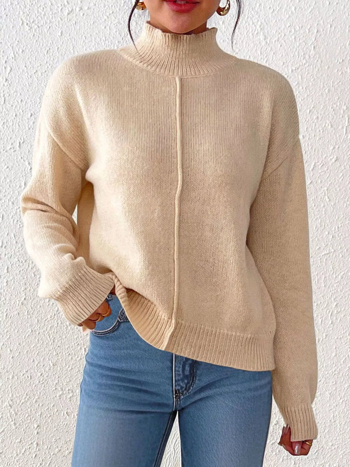 Khaki Center seam mock neck knit pullover sweater