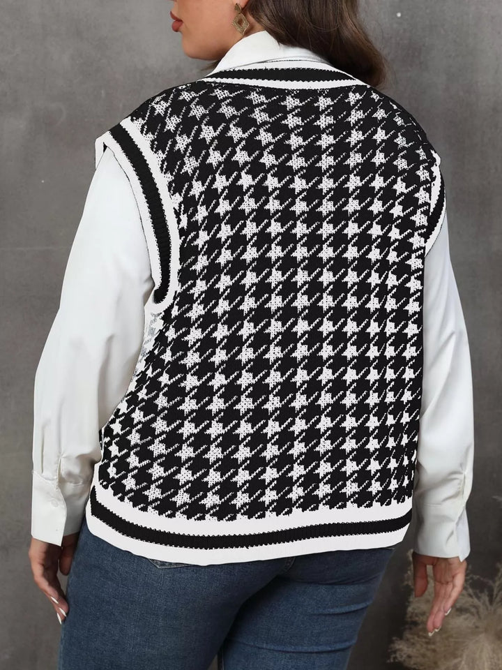 Houndstooth V-neck knit sweater vest with striped rib trim