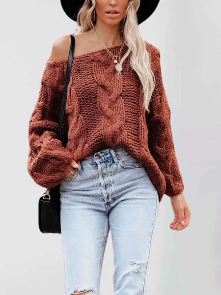Rust Oversized chunky cable knit pullover with wide boat neck