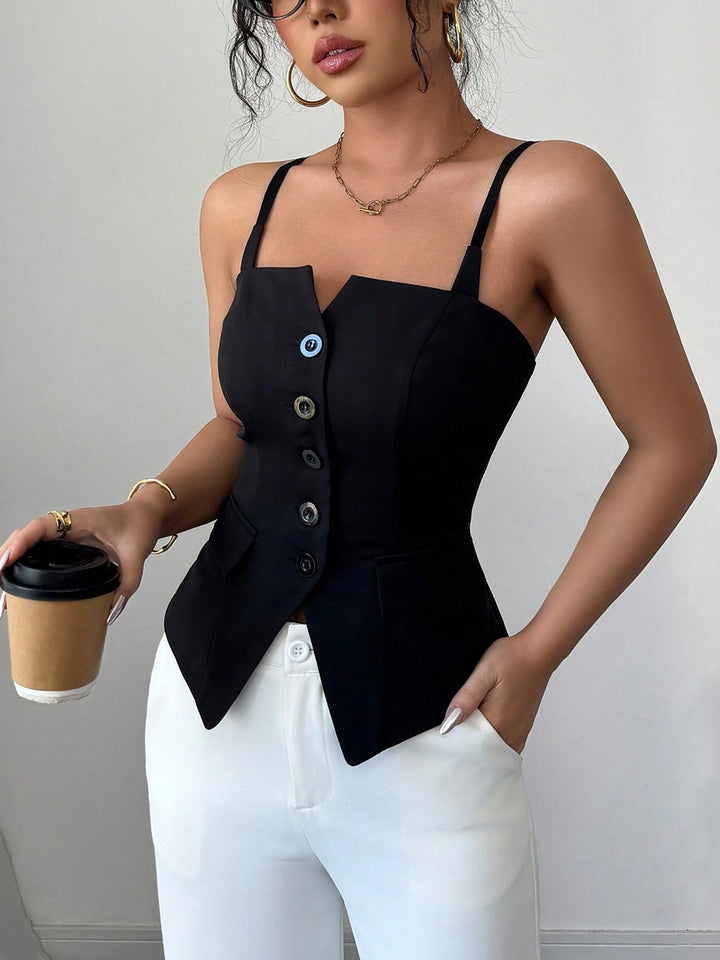 Black Button-front square-neck cami with asymmetric hem