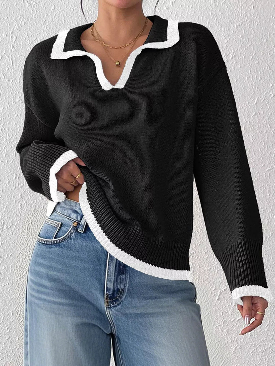 Contrast trim polo collar knit pullover sweater