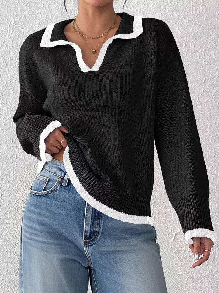 Contrast trim polo collar knit pullover sweater