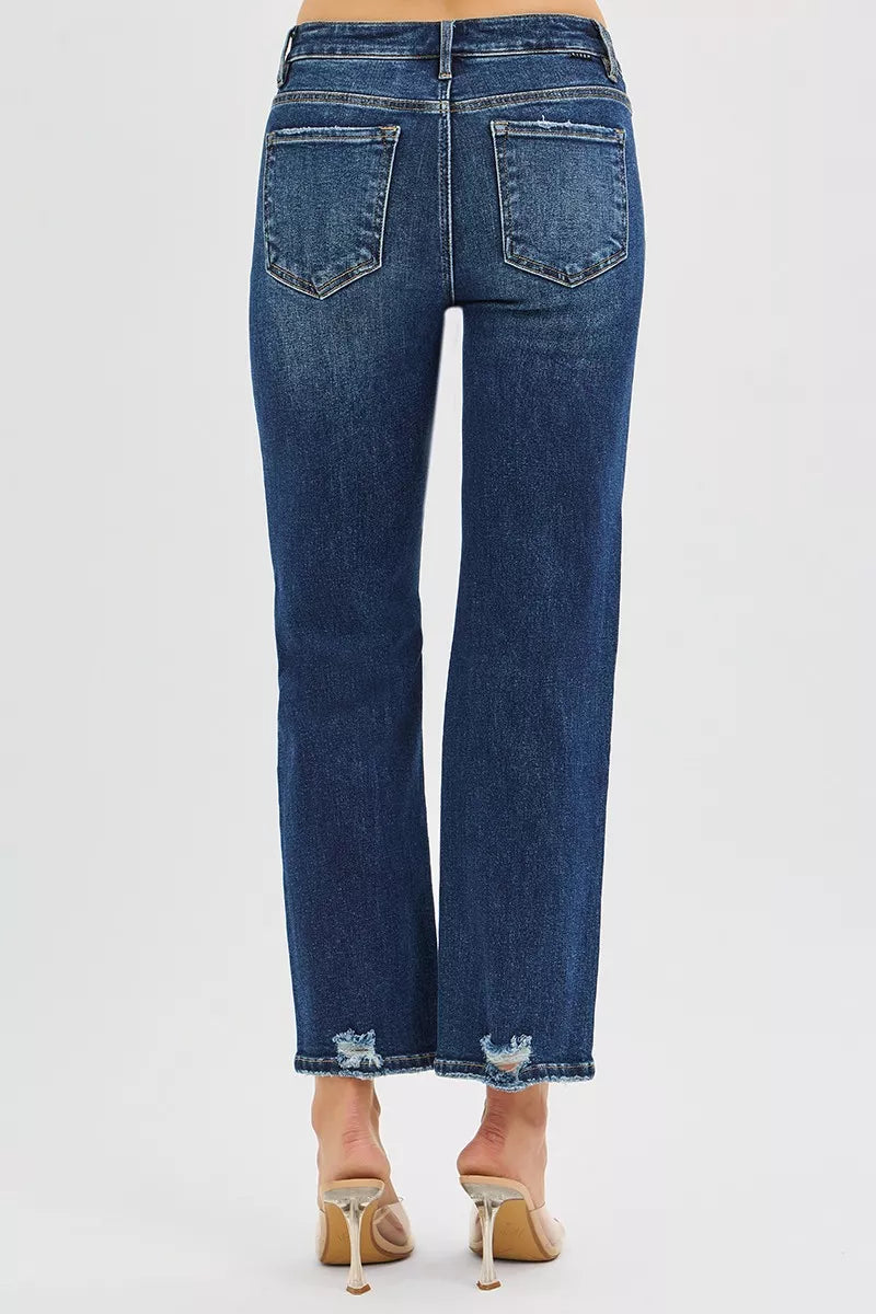 Distressed high-rise cropped slim straight jeans with raw hem