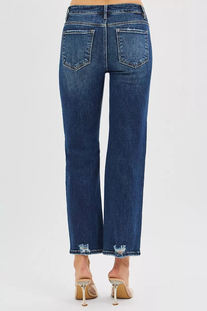 Distressed high-rise cropped slim straight jeans with raw hem
