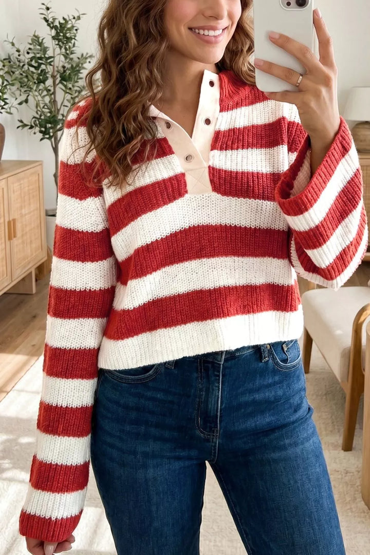 Deep Red Striped rib knit henley sweater with snap button placket