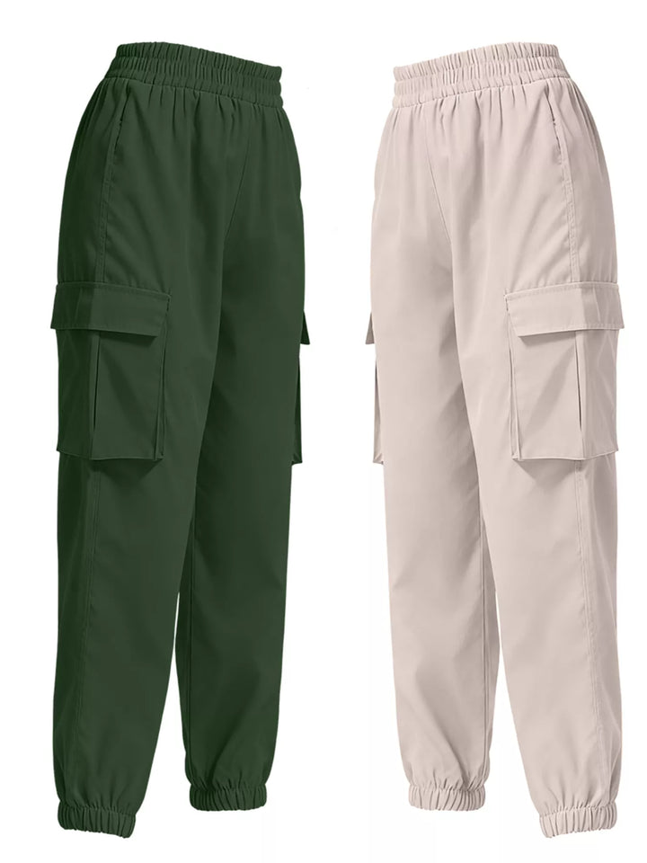 Elastic waist cargo jogger pants with flap pockets, 2-piece set