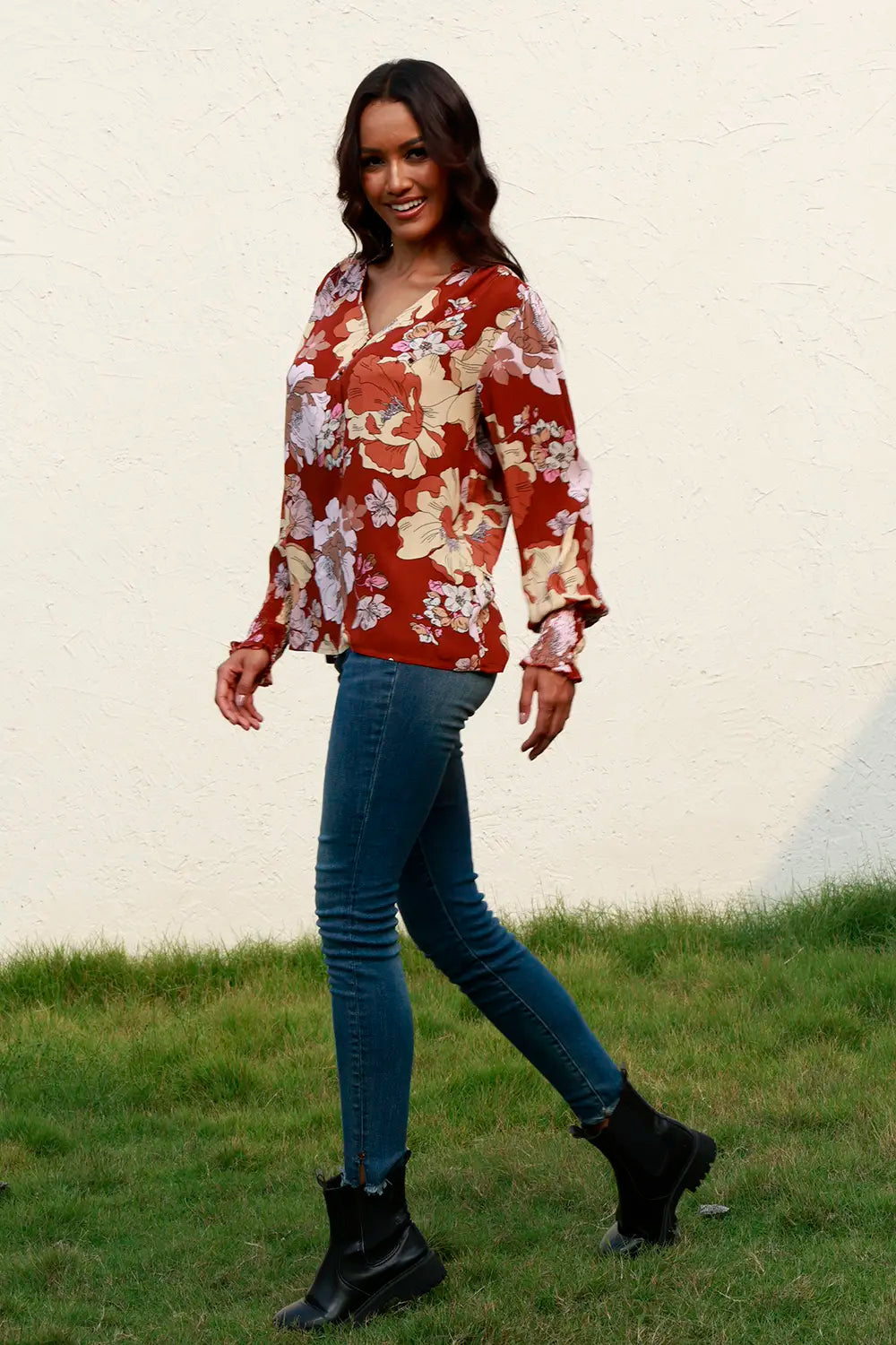 Floral lantern sleeve v-neck blouse with smocked cuffs